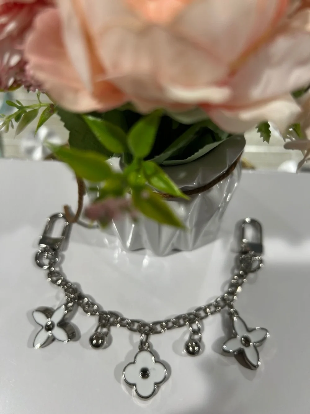 395. Silver & White Chunky Floral Bag Charm. Double sided. 8” end to end.